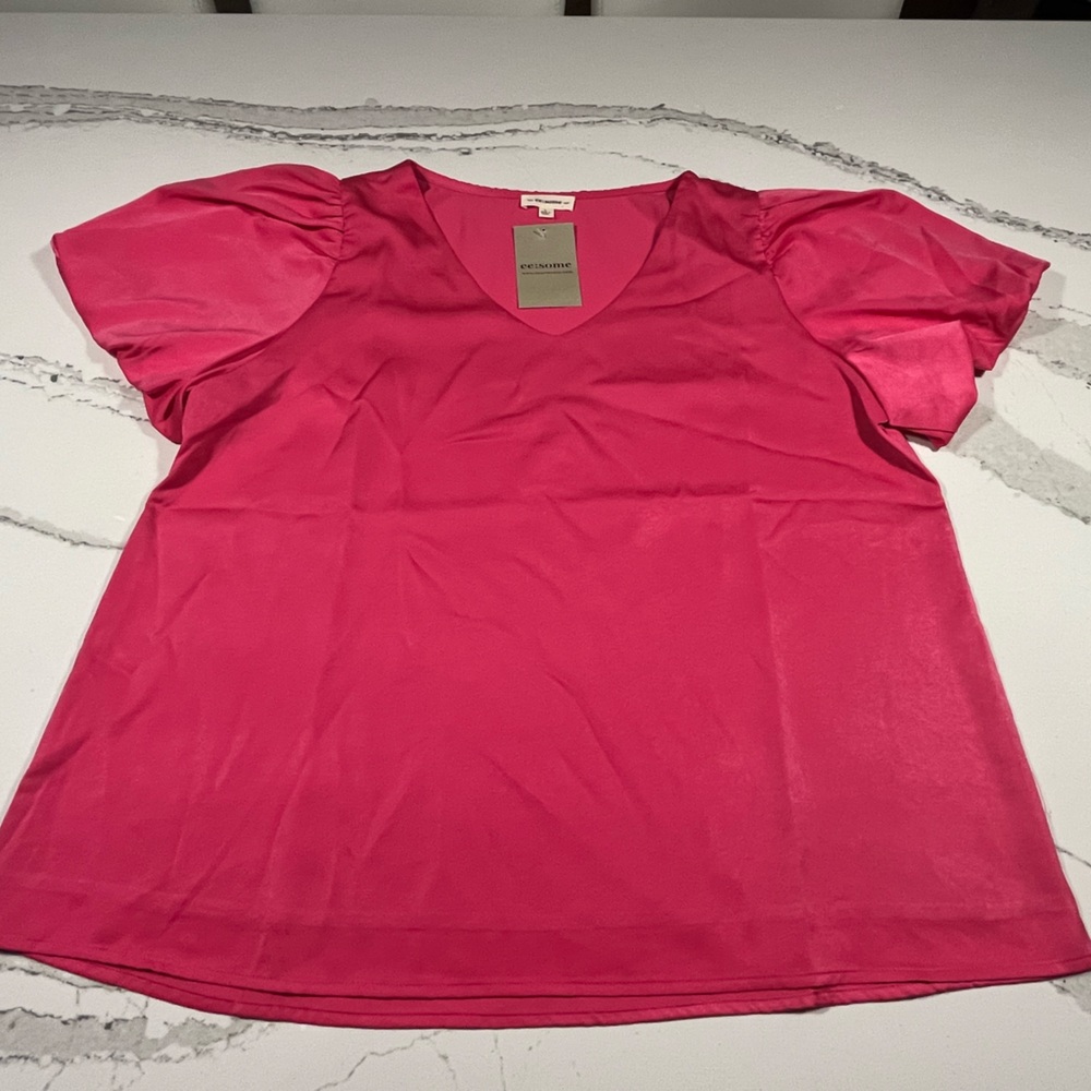 EE:Some bright flutter short sleeve pink lined v neck top Size Large